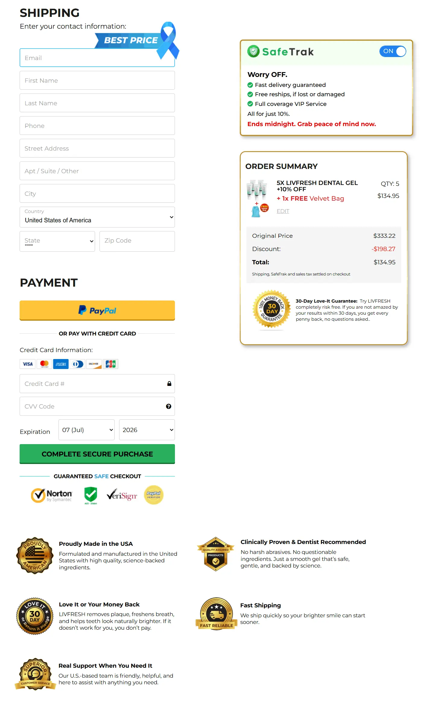 LivFresh Dental Gel checkout page